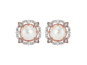7mm Round White Freshwater Pearl and 0.18ctw Diamond 10K Rose Gold Floral Stud Earrings