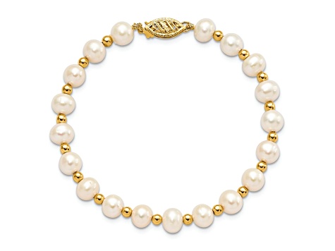 10k Yellow Gold 6-7mm White Near Round Freshwater Cultured Pearl Bead Bracelet