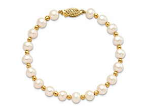 10k Yellow Gold 6-7mm White Near Round Freshwater Cultured Pearl Bead Bracelet