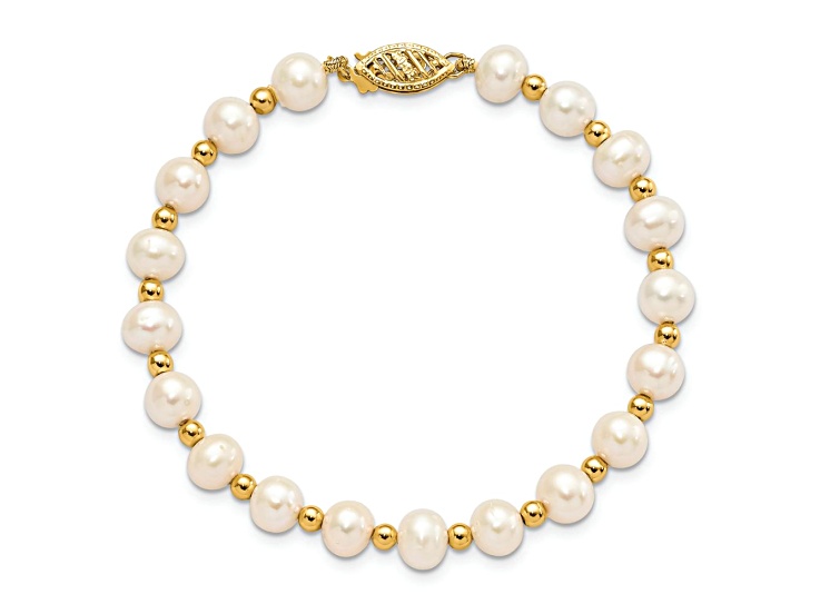 10k Yellow Gold 6-7mm White Near Round Freshwater Cultured Pearl Bead Bracelet