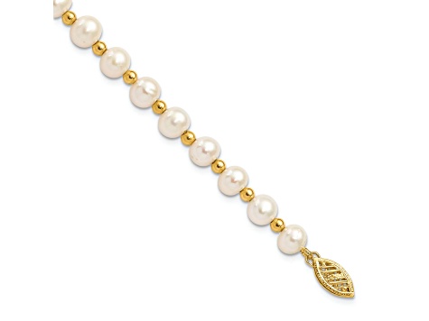 10k Yellow Gold 6-7mm White Near Round Freshwater Cultured Pearl Bead Bracelet