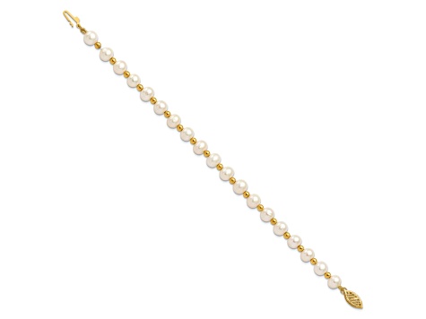 10k Yellow Gold 6-7mm White Near Round Freshwater Cultured Pearl Bead Bracelet