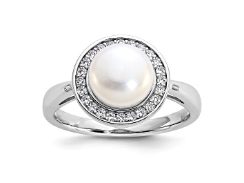 Picture of Rhodium Over Sterling Silver Freshwater Cultured Pearl and Cubic Zirconia Halo Ring