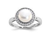 Rhodium Over Sterling Silver Freshwater Cultured Pearl and Cubic Zirconia Halo Ring