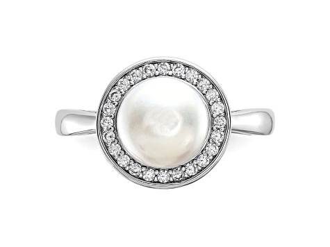 Rhodium Over Sterling Silver Freshwater Cultured Pearl and Cubic Zirconia Halo Ring