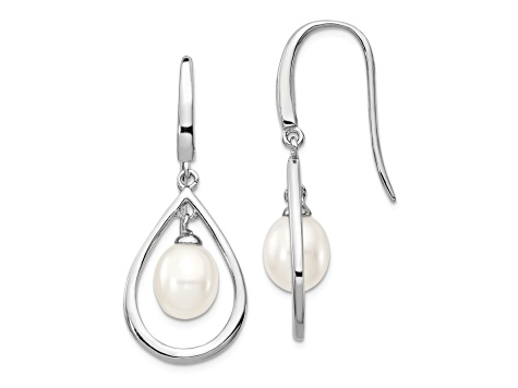 Rhodium Over Sterling Silver 6-7mm White Freshwater Cultured Pearl Dangle Earrings