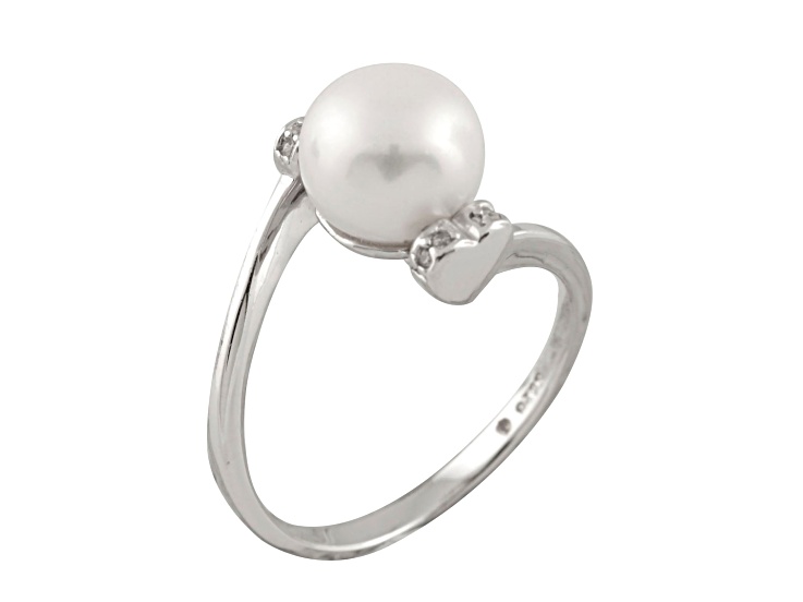 8-9mm White Button Cultured Freshwater Pearl and Cubic Zirconia Rhodium Over Silver Ring