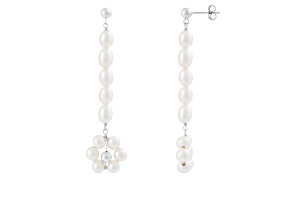 5-5.5mm White Cultured Freshwater Pearl and ball Rhodium Over Sterling Silver Earrings