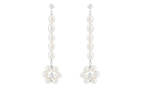 5-5.5mm White Cultured Freshwater Pearl and ball Rhodium Over Sterling Silver Earrings