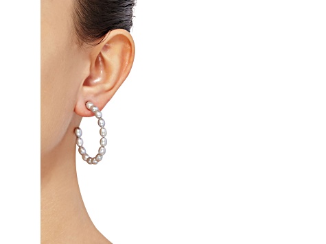 5x3mm Oval Gray Freshwater Pearl Sterling Silver Hoop Earrings