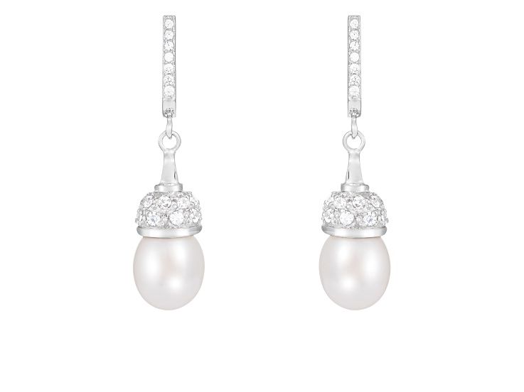 8-9mm White Cultured Freshwater Pearl and Cubic Zirconia Rhodium Over Sterling Silver Earrings