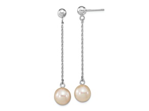 Rhodium Over 14K White Gold 7-8mm White Round Freshwater Cultured Pearl Dangle Post Earrings