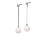 Rhodium Over 14K White Gold 7-8mm White Round Freshwater Cultured Pearl Dangle Post Earrings