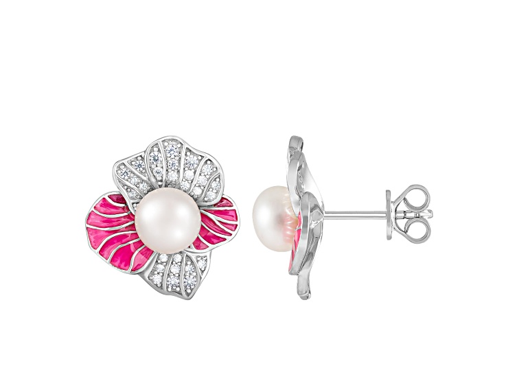 6-7mm White Cultured Freshwater Pearl, enamel & Cubic Zirconia Rhodium Over Sterling Silver Earrings