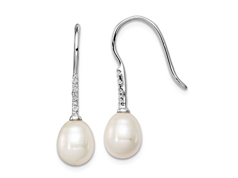 Rhodium Over Sterling Silver 7-8mm White Freshwater Cultured Pearl Cubic Zirconia Dangle Earrings