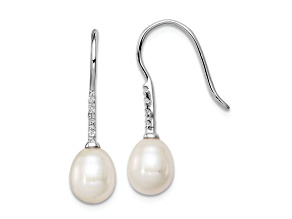 Rhodium Over Sterling Silver 7-8mm White Freshwater Cultured Pearl Cubic Zirconia Dangle Earrings