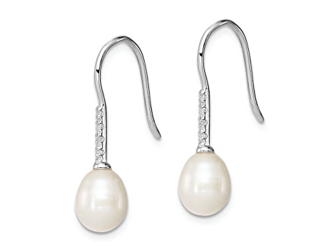 Rhodium Over Sterling Silver 7-8mm White Freshwater Cultured Pearl Cubic Zirconia Dangle Earrings