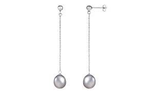 7.5-8mm Grey Cultured Freshwater Pearl Rhodium Over Sterling Silver Earrings