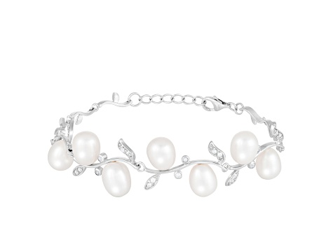 7-7.5mm White Cultured Freshwater Pearl Silver  Bracelet