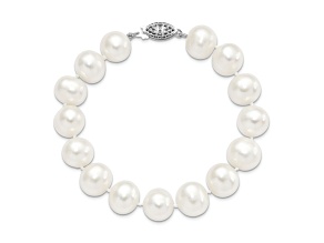 Rhodium Over Sterling Silver 11-12mm White Freshwater Cultured Pearl Bracelet