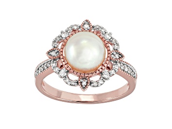 Picture of 8-8.5mm Round White Freshwater Pearl with 0.20ctw Diamond 10K Rose Gold Flower Ring
