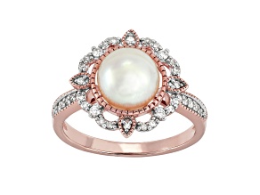 8-8.5mm Round White Freshwater Pearl with 0.20ctw Diamond 10K Rose Gold Flower Ring