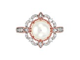 8-8.5mm Round White Freshwater Pearl with 0.20ctw Diamond 10K Rose Gold Flower Ring