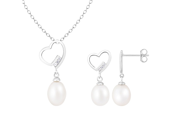 7-9mm Drop White Freshwater Pearl and CZ Rhodium Over Sterling Earring and Pendant W/Chain Set
