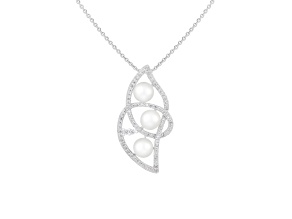 5-5.5mm Button White Cultured Freshwater Pearl and CZ Rhodium Over Sterling Silver Pendant