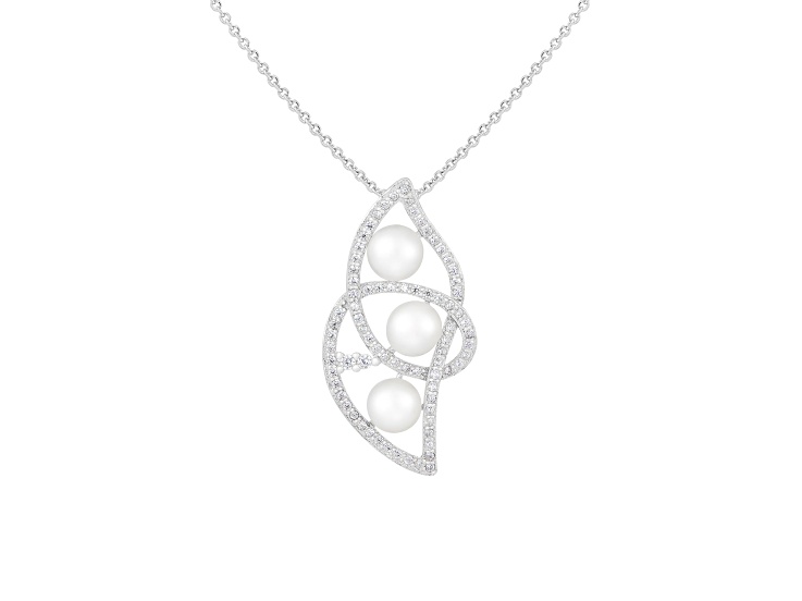 5-5.5mm Button White Cultured Freshwater Pearl and CZ Rhodium Over Sterling Silver Pendant