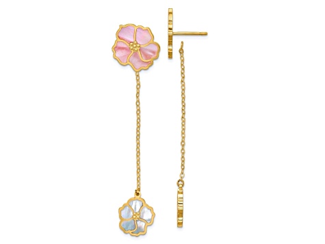 14K Yellow Gold Pink and White MOP Flower Dangle Post Earrings