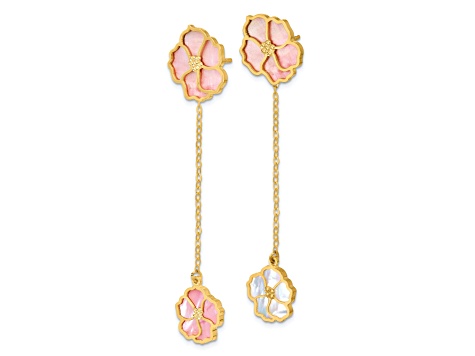 14K Yellow Gold Pink and White MOP Flower Dangle Post Earrings