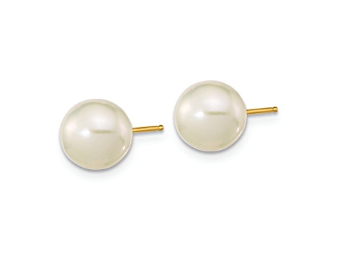 14K Yellow Gold 7-8mm White Round Freshwater Cultured Pearl Stud Post Earrings