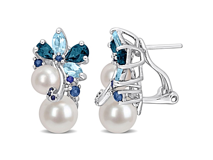 6-8.5MM Freshwater Cultured Pearl and 3ctw Topaz and Sapphire Earrings in Sterling Silver