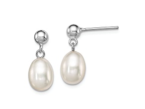 Rhodium Over Sterling Silver 7-8mm White Freshwater Cultured Pearl Earrings