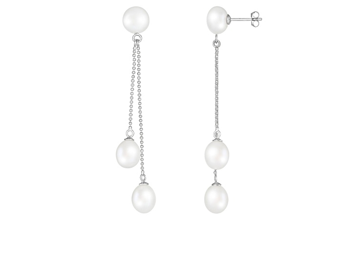 7-9mm White Cultured Freshwater Pearl Rhodium Over Sterling Silver Earrings