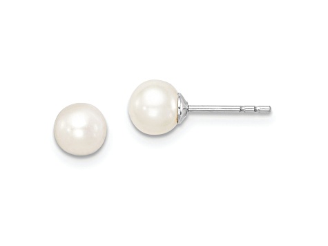 Rhodium Over Sterling Silver 5-6mm White Round FWC Pearl Stud Earrings