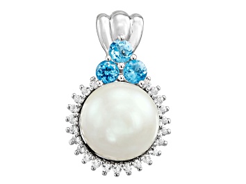 Picture of 10mm Round White Freshwater Pearl with Blue and White Topaz Sterling Silver Halo Pendant with Chain