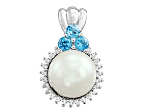 10mm Round White Freshwater Pearl with Blue and White Topaz Sterling Silver Halo Pendant with Chain