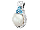 10mm Round White Freshwater Pearl with Blue and White Topaz Sterling Silver Halo Pendant with Chain