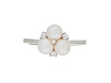 5-5.5mm White Button Cultured Freshwater Pearl and Cubic Zirconia Rhodium Over Silver Ring