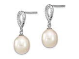 Rhodium Over Sterling Silver 8-9mm Rice FWC Pearl Cubic Zirconia Post Dangle Earrings