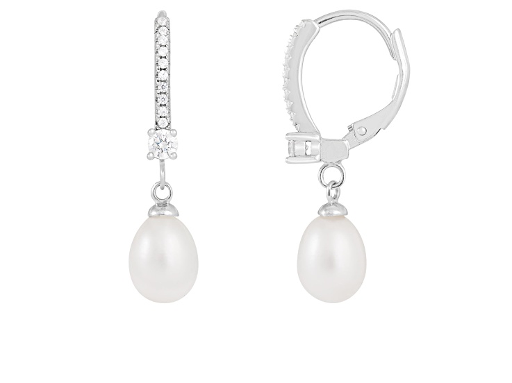 7-8mm White Cultured Freshwater Pearl and Cubic Zirconia Rhodium Over Sterling Silver Earrings