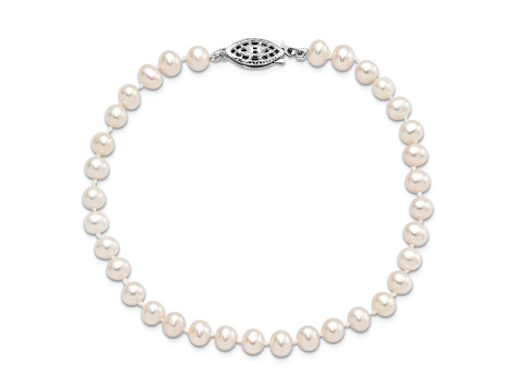 Rhodium Over Sterling Silver 4-5mm White Freshwater Cultured Pearl Bracelet