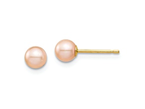 14k Yellow Gold 4.45mm Pink Round Freshwater Cultured Pearl Stud Earrings