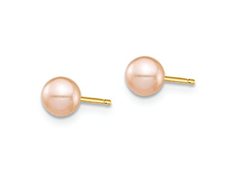 14k Yellow Gold 4.45mm Pink Round Freshwater Cultured Pearl Stud Earrings