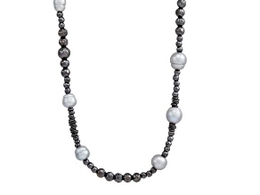 8-10mm Round Gray Freshwater Pearl and Black Rhodium Over Sterling Silver Bead Necklace