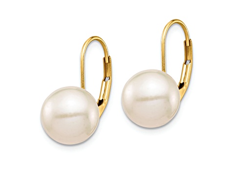14K Yellow Gold 9-10mm White Round Freshwater Cultured Pearl Leverback Earrings