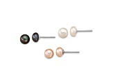 Rhodium Over Sterling Silver 6-7mm Set of 3 White/BlacK/Pink Button FWC Pearl Earrings