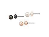 Rhodium Over Sterling Silver  6-7mm Set of 3 White/BlacK/Pink Button FWC Pearl Earrings